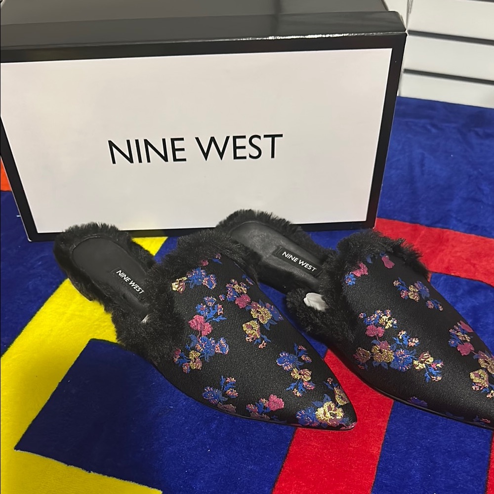 Nine West Black and Pink Floral Mules Cozy Open Back Design